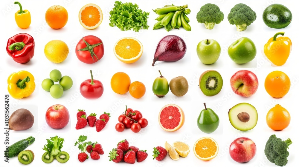 Vibrant Assortment of Fresh Fruits and Vegetables Showcased on a Clean White Background ( aspect Vibrant Assortment of Fresh Fruits and Vegetables Showcased on a Clean White Background ( aspect