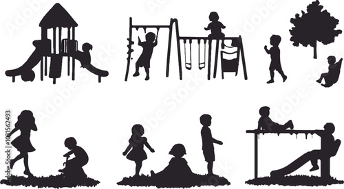Set of black vector icons, silhouette children playing on playgrounds with slides and swings on a white background.