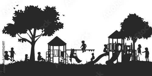 Set of black vector icons, silhouette children playing on playgrounds with slides and swings on a white background.