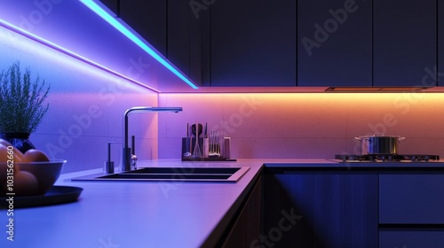 A sleek modern kitchen with bright ambient lighting, LED strips under cabinets, and accent lighting highlighting the backsplash and countertops.