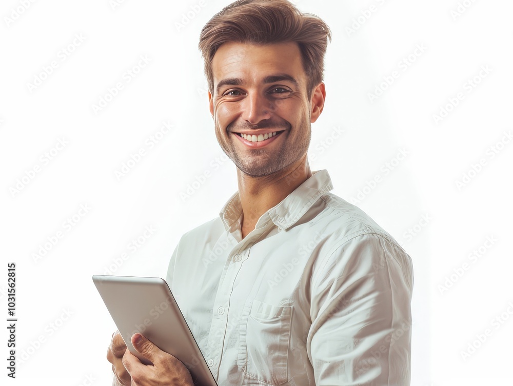 Smiling Man Holding Tablet Isolated On White Background Smiling Man Holding Tablet Isolated On White Background