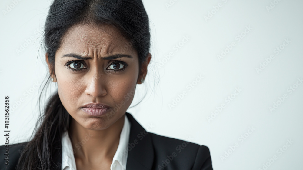 Tired Indian Businesswoman, Close-Up Showing Upset Expression. Tired Indian Businesswoman, Close-Up Showing Upset Expression.
