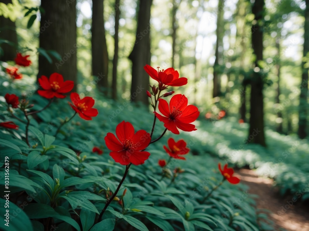 Red Flowers Blooming in a Lush Green Forest. Red Flowers Blooming in a Lush Green Forest.