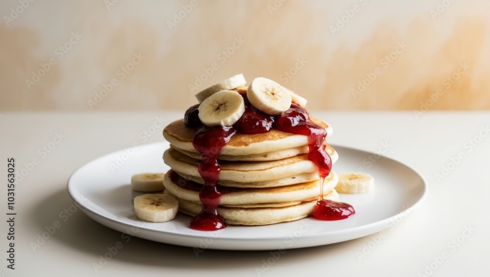 Pancakes Served with Strawberry Jam and Bananas on a White Plate. Pancakes Served with Strawberry Jam and Bananas on a White Plate.