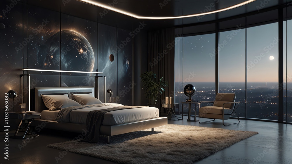 Naklejka premium a bedroom with a view of the city from the window.