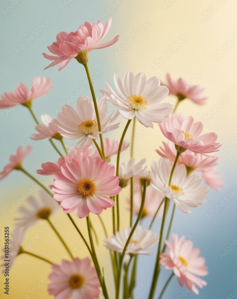 Fototapeta premium Pink and White Flowers on Yellow and Blue Background.