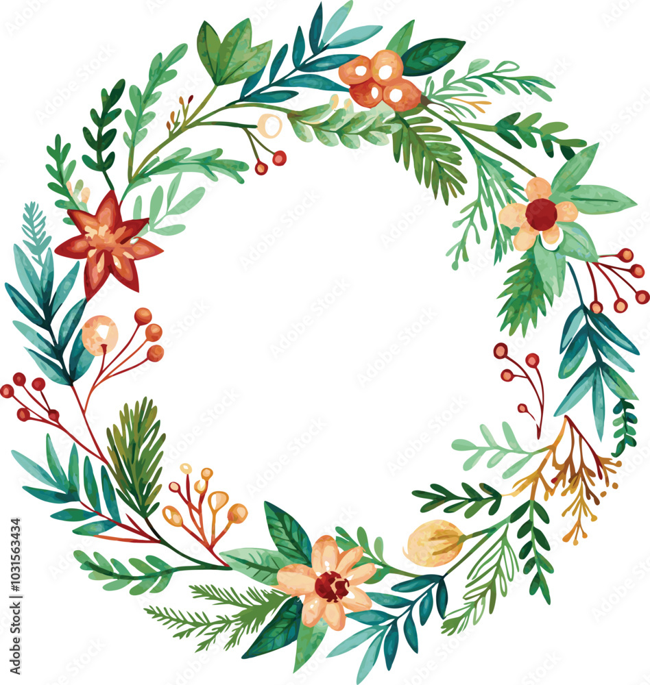 Obraz premium Watercolor Floral Wreath with Green Leaves