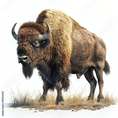 Majestic Bison with Golden Fur Isolated On White Background