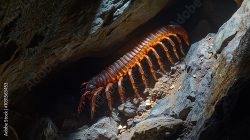 Vibrant Millipede Crawling in Rocky Cave Environment