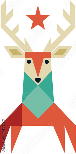 Geometric Reindeer Christmas Design: A festive and minimalist geometric illustration of a reindeer with a star atop its antlers, perfect for holiday decorations, cards, and branding.  