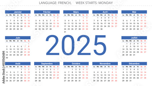 2025 french calendar - calendrier. Printable vector illustration for France. 12 months year
