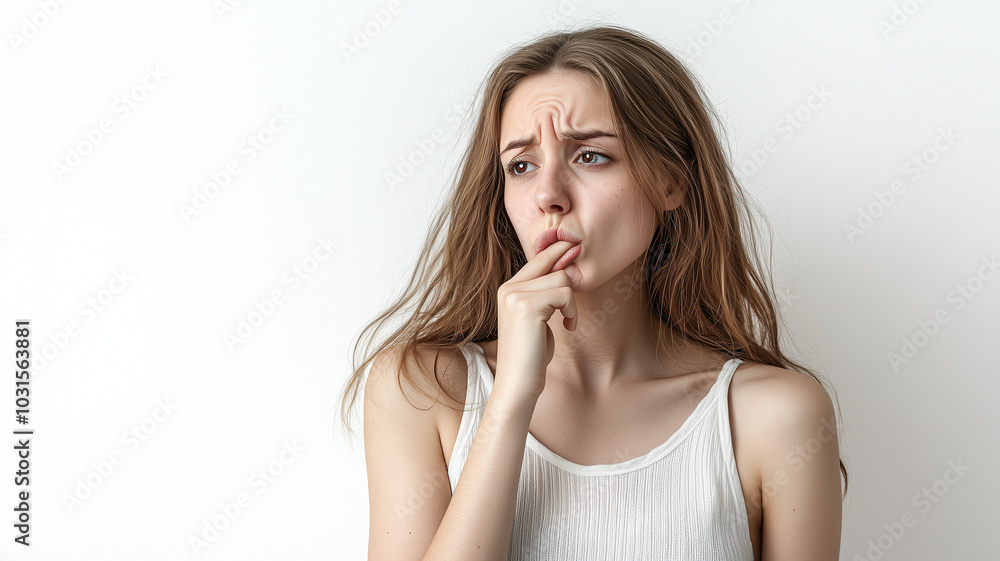 Woman Uncomfortably Checking Her Breath with Hand. Woman Uncomfortably Checking Her Breath with Hand.