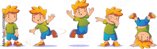 Cute child boy jump. Happy school student cartoon. Fun kindergarten toddler character play and dance disco isolated clipart on white background. Childhood performance collection. Comic kid bundle photo