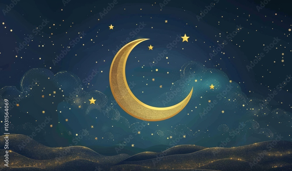 Naklejka premium Crescent Moon and Stars Night Sky