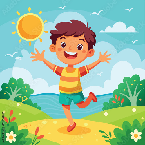 Joyful Boy in Summer Landscape: A cheerful boy leaps with glee in a vibrant summer landscape, radiating happiness and carefree joy.  Perfect for children's books, websites, and educational materials.