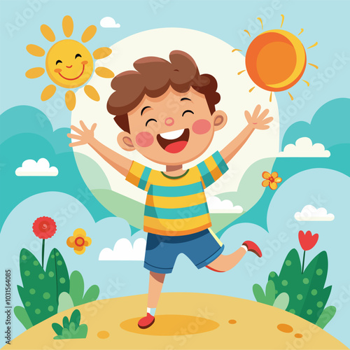 Joyful Boy in Sunny Meadow: A cheerful cartoon illustration of a boy happily playing in a vibrant meadow under a bright sunny sky. Perfect for children's books, websites, and educational materials. 