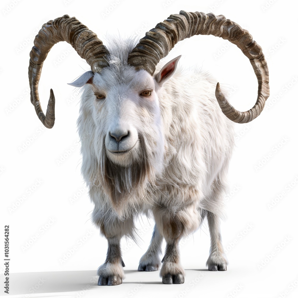 Majestic White Mountain Goat with Large Curved Horns Isolated On White Background Majestic White Mountain Goat with Large Curved Horns Isolated On White Background
