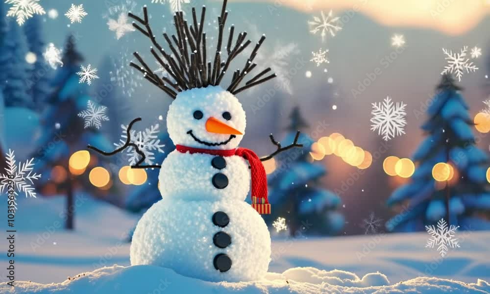 A happy snowman on a winter background Christmas lights in the background A happy snowman on a winter background Christmas lights in the background