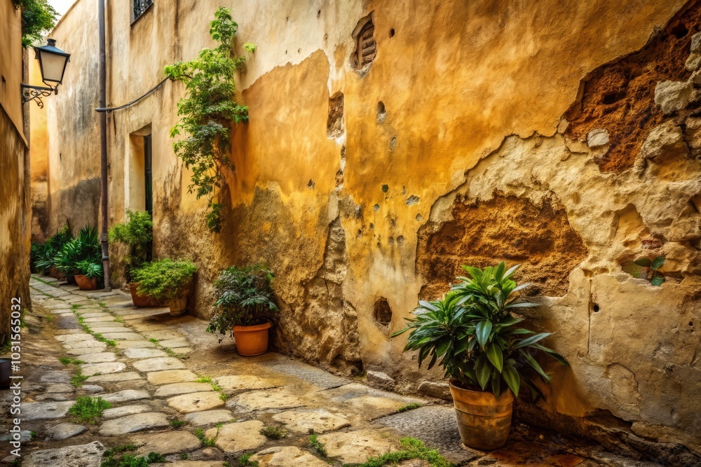 Fototapeta premium Architectural Photography of Old Beige Wall and Ground Textures in Urban Setting, Capturing Aged Surfaces, Rustic Charm, and Architectural Details for Stunning Visual Appeal