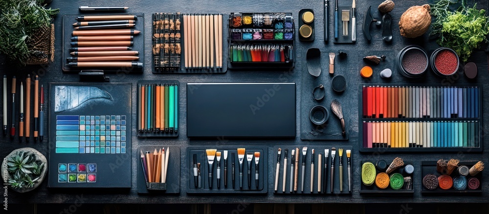 Flat lay of various art supplies including colored pencils, paintbrushes, watercolors, and pastels on a black table. Flat lay of various art supplies including colored pencils, paintbrushes, watercolors, and pastels on a black table.