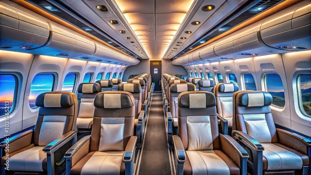 Airplane Cabin Interior with Rows of Seats and Inflight Entertainment Screens in a Modern Commercial Airliner Airplane Cabin Interior with Rows of Seats and Inflight Entertainment Screens in a Modern Commercial Airliner
