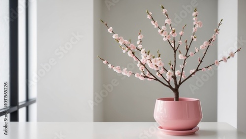 Pink Blossom Tree in a Pink Pot on a Modern Desk.