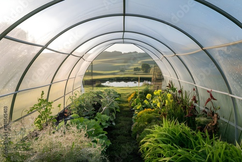 Cultivation of organic vegetables and fruits in a greenhouse sustainable polytunnel in countryside