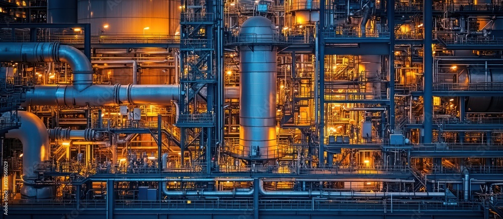 Industrial complex at night with illuminated pipes, platforms, and tanks. Industrial complex at night with illuminated pipes, platforms, and tanks.
