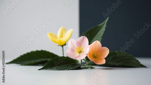 Three pink and yellow flowers with green leaves in the foreground on a dark background with one flower in the foreground. photo