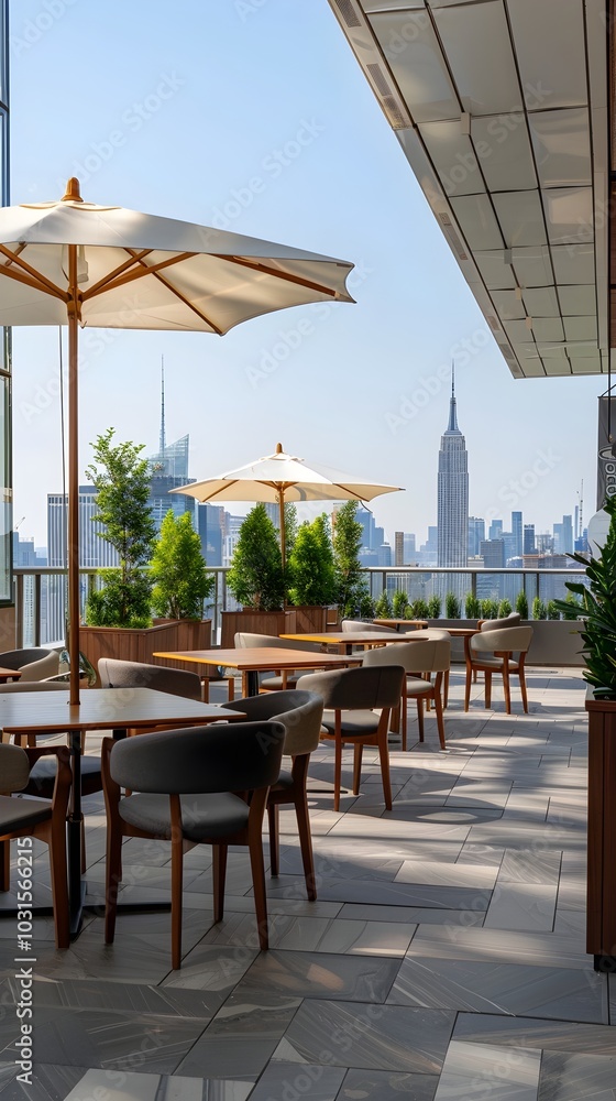 Modern Rooftop Café with Scenic City View and Outdoor Seating Modern Rooftop Café with Scenic City View and Outdoor Seating