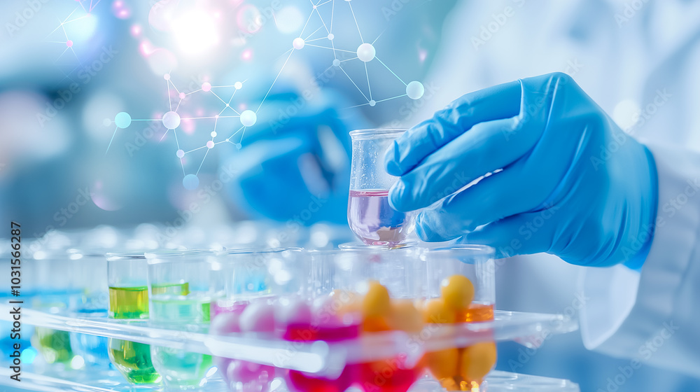 A scientist in lab gloves carefully transfers liquids into test tubes, showcasing vibrant colors of various chemical solutions in an advanced laboratory environment A scientist in lab gloves carefully transfers liquids into test tubes, showcasing vibrant colors of various chemical solutions in an advanced laboratory environment