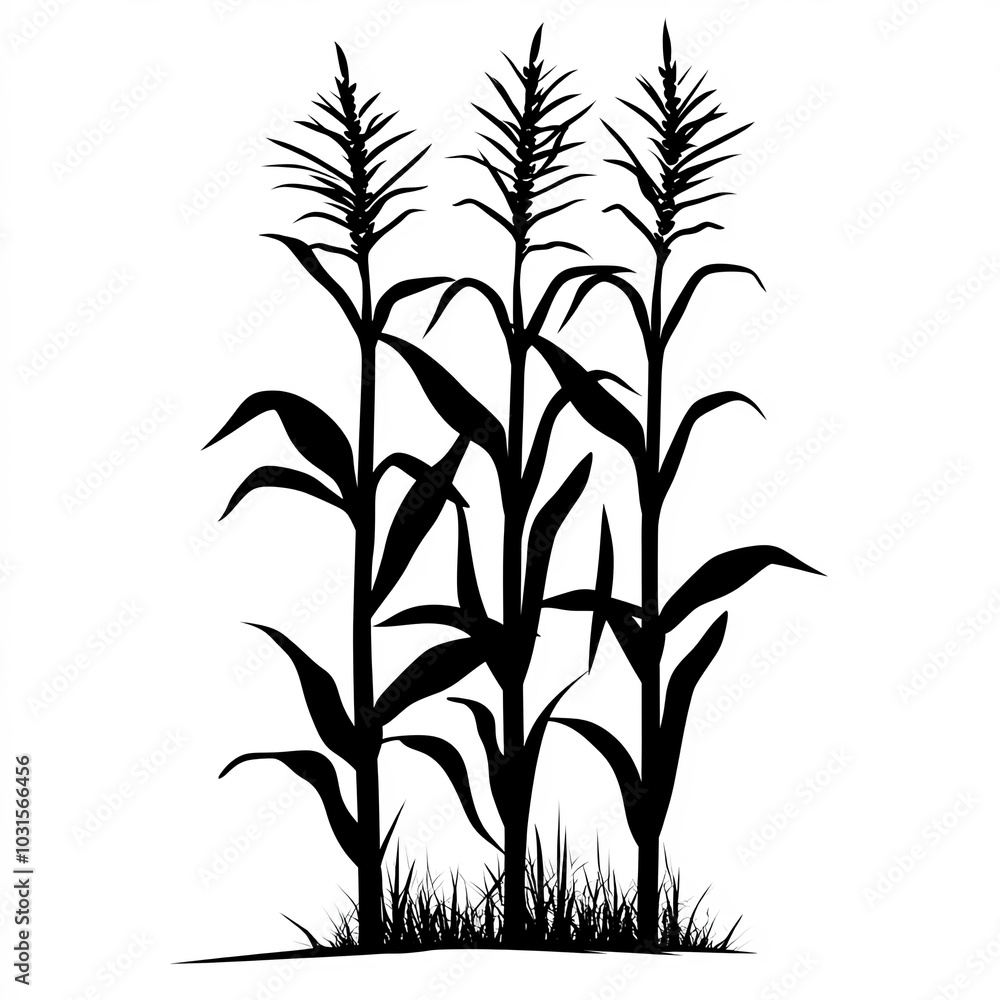 Corn Stalk Silhouette, Illustration Isolated On White Background Corn Stalk Silhouette, Illustration Isolated On White Background