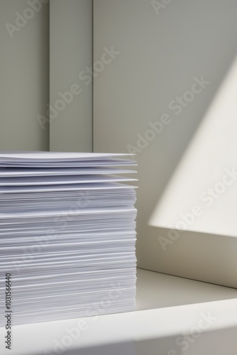 Stack of Clean White Papers on a Neutral Background. photo