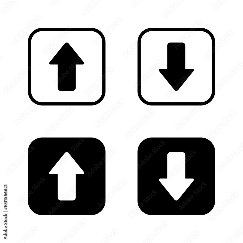 Up and down arrow icon on black square. Upward and downward sign symbol Up and down arrow icon on black square. Upward and downward sign symbol