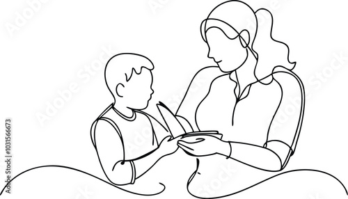 Continuous Line Art Mother Teaching Her Child in Black Linear Sketch isolated on white background.