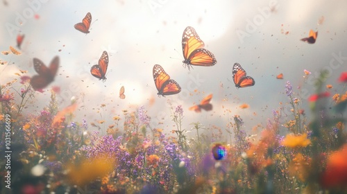 Vibrant Butterflies Over Colorful Wildflower Field