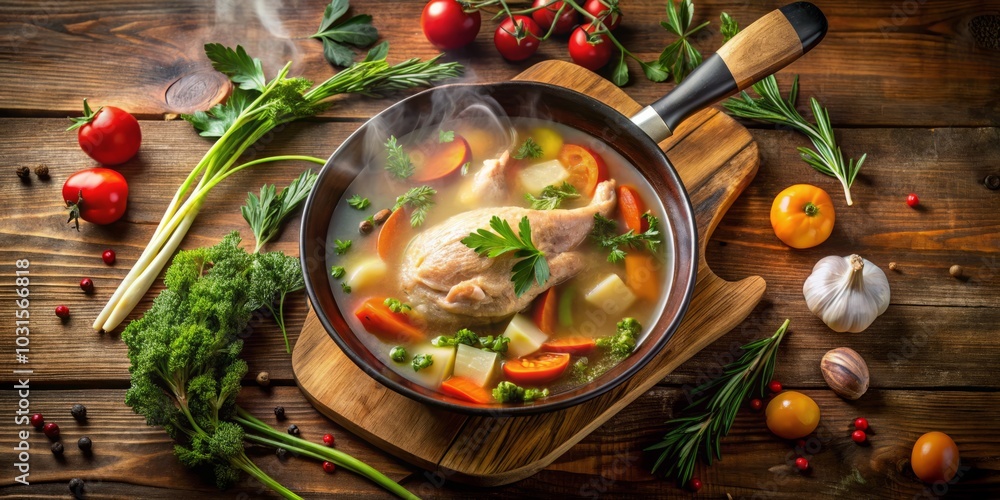 Top View of Delicious Chicken Soup in a Rustic Wooden Bowl on a Table Surrounded by Fresh Ingredients, Perfect for Urban Exploration Photography and Food Styling Inspiration Top View of Delicious Chicken Soup in a Rustic Wooden Bowl on a Table Surrounded by Fresh Ingredients, Perfect for Urban Exploration Photography and Food Styling Inspiration