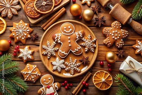 Top View of Festive Gingerbread Christmas Cookies with Icing and Sprinkles, Perfect for Holiday Baking, Winter Recipes, and Seasonal Celebrations, Captured in a Beautiful Panorama Banner