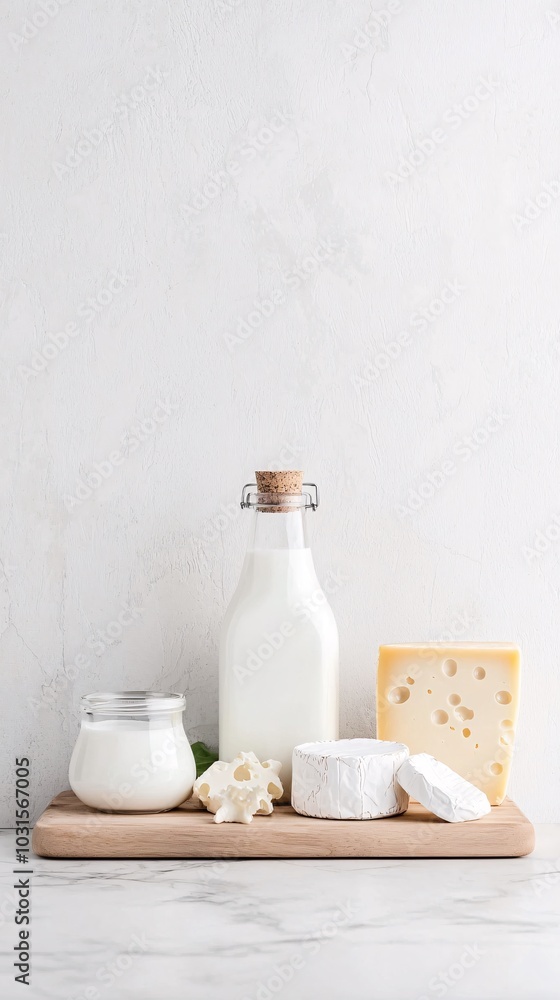 Organic dairy products, milk and cheese on wooden board, 3D illustration Organic dairy products, milk and cheese on wooden board, 3D illustration