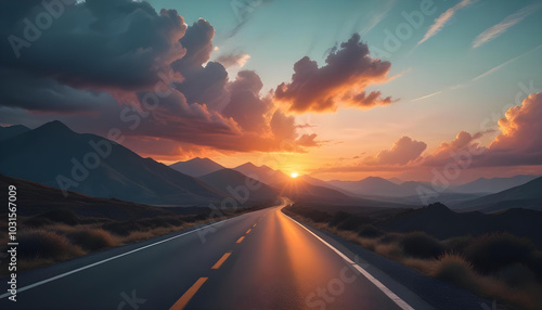 A long, straight road cutting through a mountainous landscape at sunset. The sky is filled with dramatic clouds and vibrant orange and pink hues, creating a beautiful and serene scene