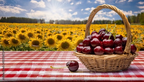 A basket of fresh cherries on a picnic table, with a gingham cloth and sunflowers in the background.