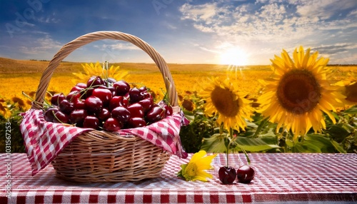 A basket of fresh cherries on a picnic table, with a gingham cloth and sunflowers in the background.
