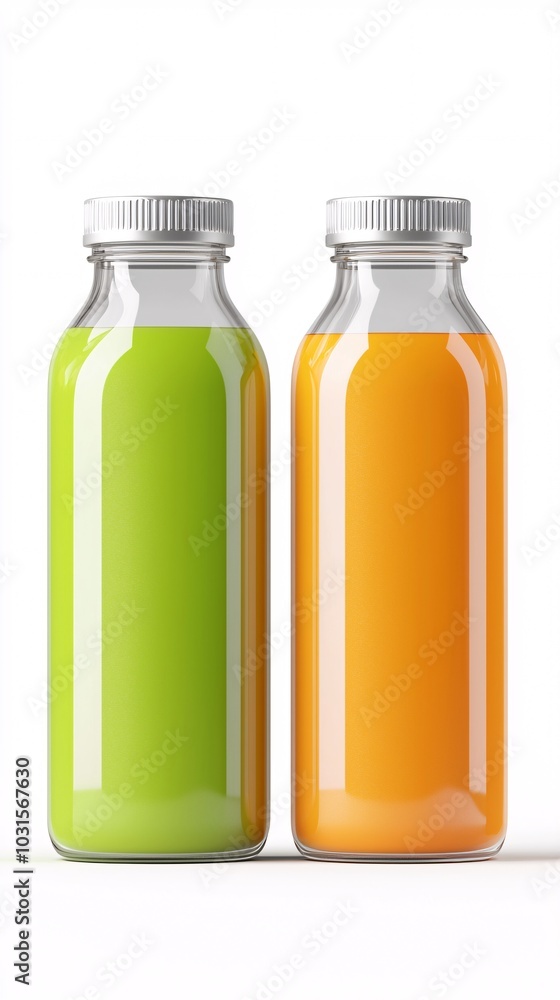 Organic juice bottles, made from fresh fruits, 3D illustration Organic juice bottles, made from fresh fruits, 3D illustration