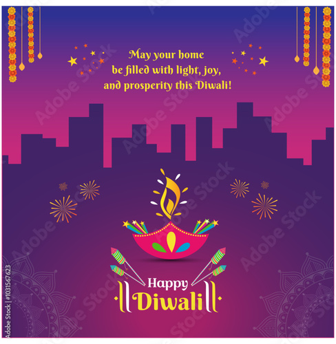 Happy Diwali Wishes Real Estate Concept. Indian Festival Bg. Construction, Apartments, Villas, Flats, New Home