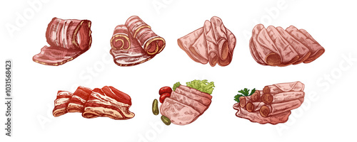 Hand-drawn vector sketch set of bacon, hamon or pork meat, ham slices. Italian prosciutto vintage sketch. Butcher shop. Great for label, restaurant menu. Engraved image.