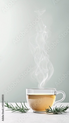 Organic herbal tea, steaming cup with herbs on side, 3D illustration