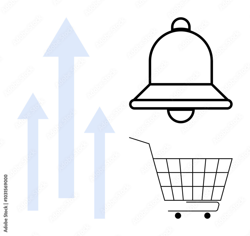Three upward arrows in blue alongside a black notification bell and a shopping cart. Ideal for business, e-commerce, notifications, growth, marketing. Simple, minimalist design Three upward arrows in blue alongside a black notification bell and a shopping cart. Ideal for business, e-commerce, notifications, growth, marketing. Simple, minimalist design