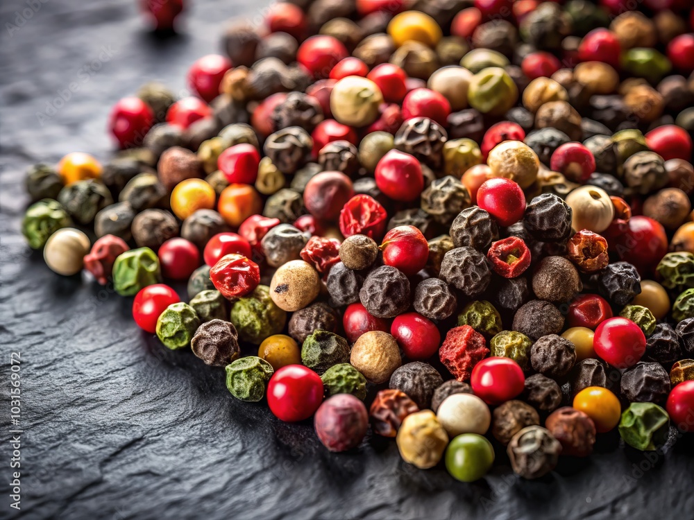 Vibrant Rainbow Peppercorns on Dark Slate Background - Close-Up Culinary Photography Vibrant Rainbow Peppercorns on Dark Slate Background - Close-Up Culinary Photography
