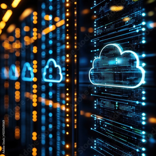 A vibrant cloud computing server room illuminated with blue and orange lights, showcasing the future of technology and data storage.