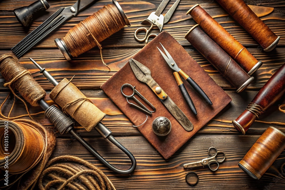 Retro Leather Craft Flat Lay with DIY Tools for Crafting Enthusiasts Retro Leather Craft Flat Lay with DIY Tools for Crafting Enthusiasts